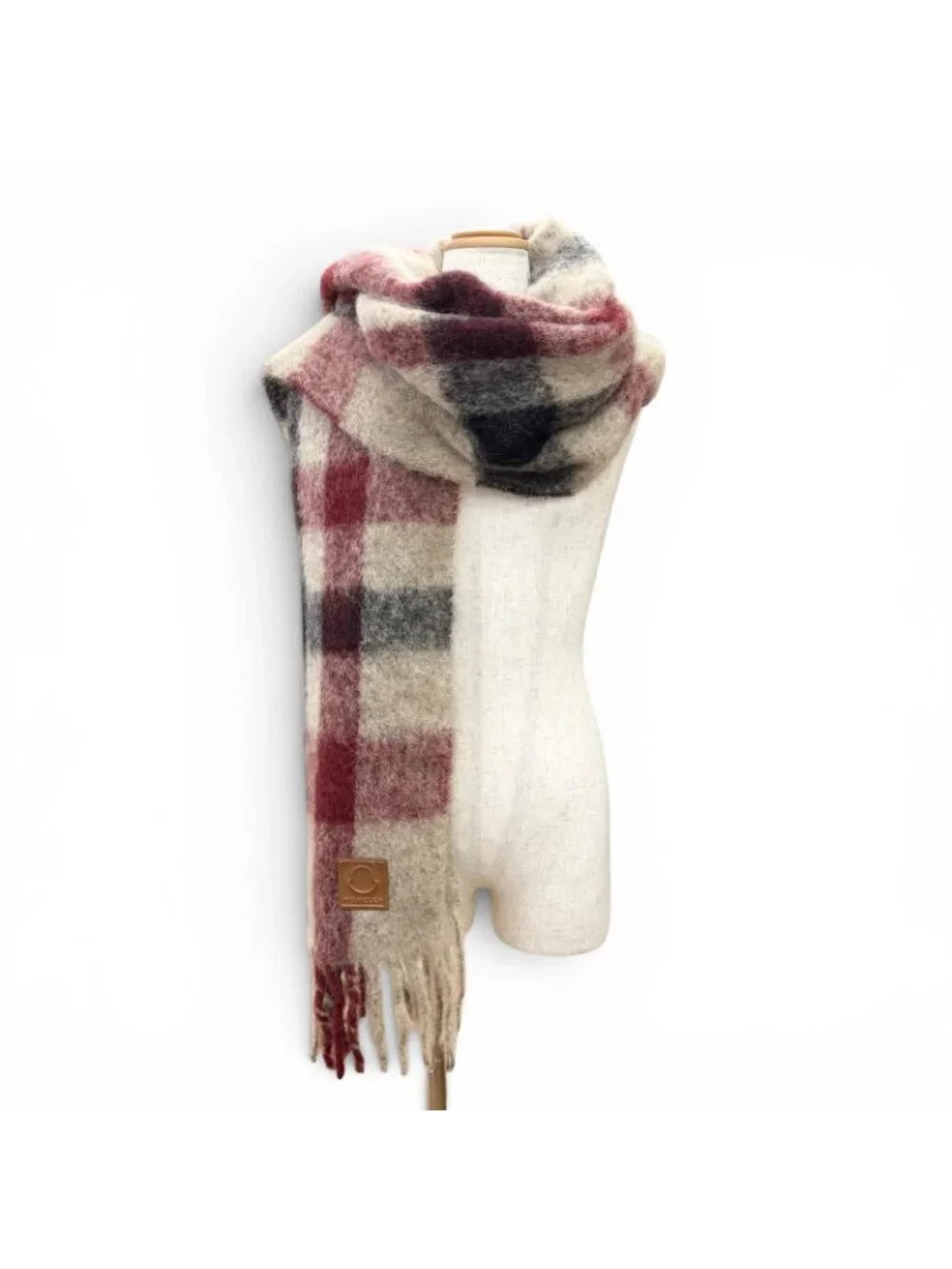 Moncler Sciarpa Mohair Alpaca Logo Leather Patch Plaid Fringe Large Scarf Beige